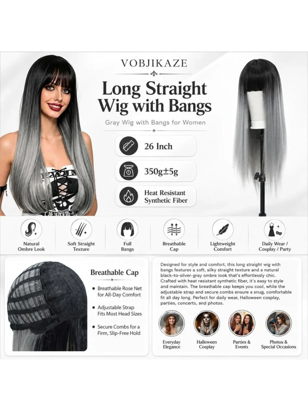 Women's Silver Grey 26 Inch Heat Resistant Synthetic Long Straight Wigs Bangs